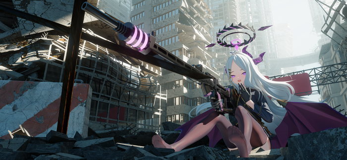 Sorasaki Hina with a gun in a ruined city
