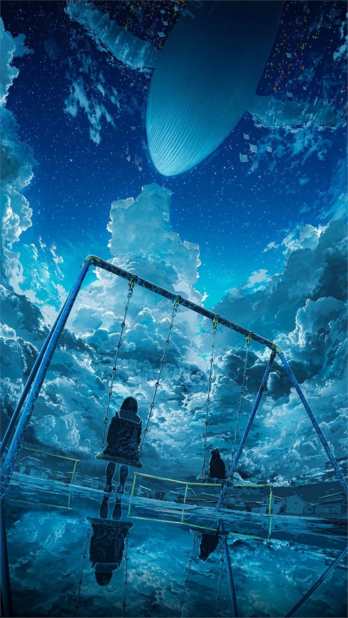 Girl on swing under flying whale and starry sky