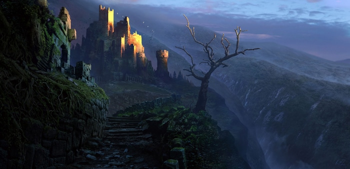 Castle ruins on a mountain path at sunset