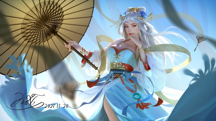 Fantasy girl in white dress holding an umbrella