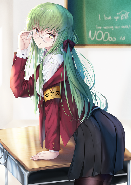 C.C. from Code Geass in a school uniform with glasses