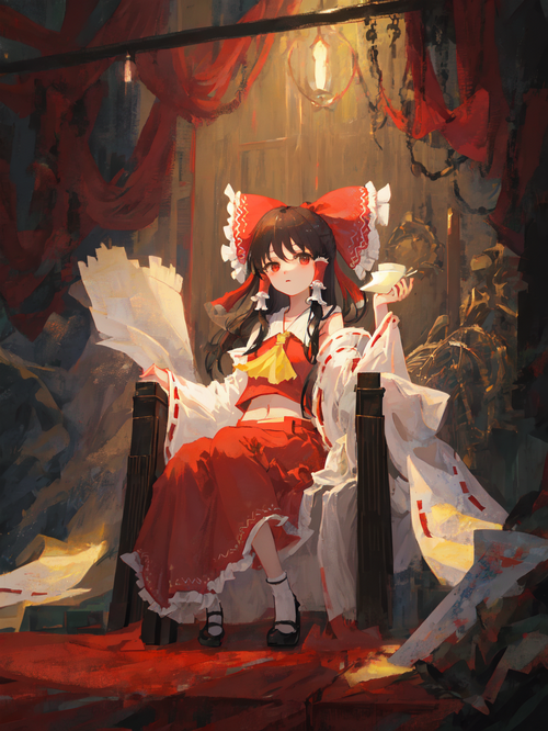 Hakurei Reimu from Touhou sitting and holding a cup