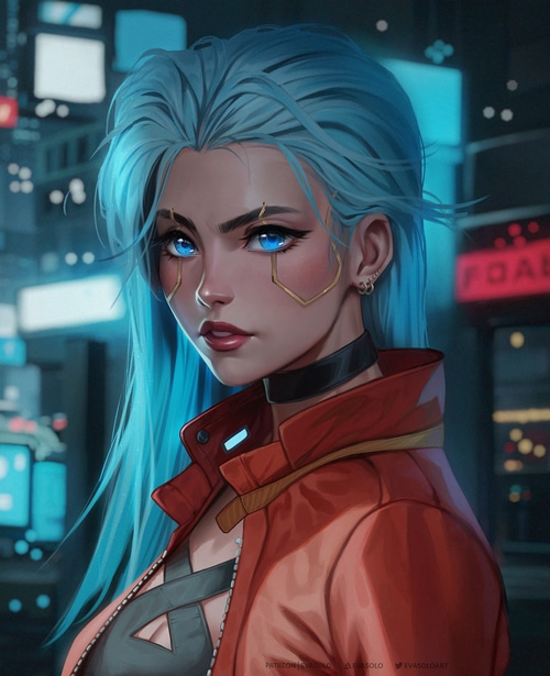Cyberpunk woman with blue hair and blue eyes