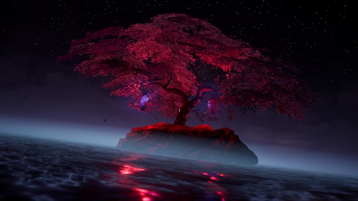 A solitary island with a glowing red tree under a starry night sky