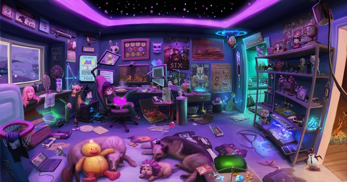 Futuristic purple room with gaming setup and figures