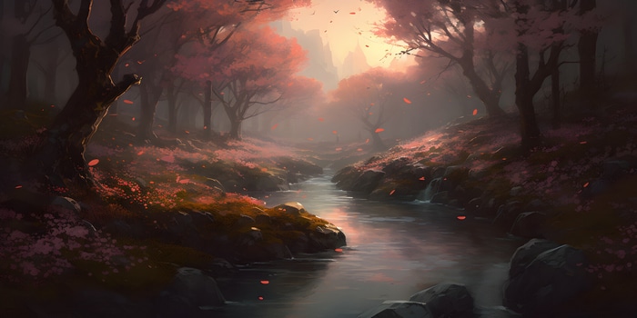 A stream flows through a forest with pink cherry blossoms