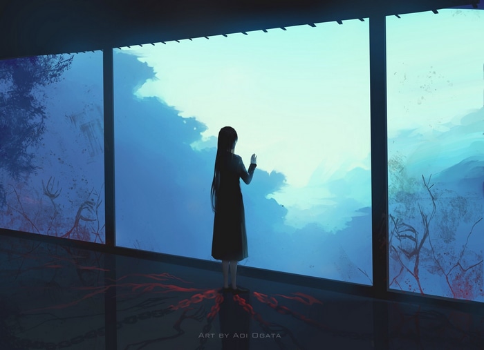 Woman in black dress looking at the sky through windows
