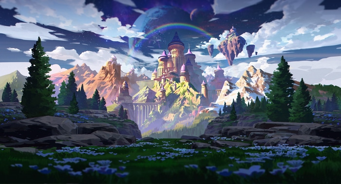 Fantasy castle on a mountain with floating islands and a rainbow
