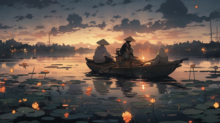 Two people in a boat on a lake at sunset