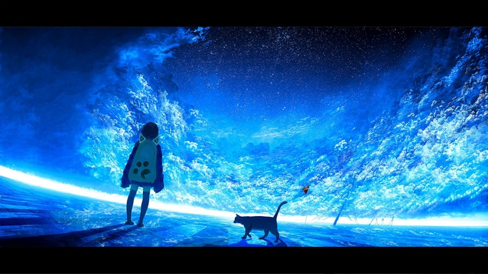 Girl and cat under a starry sky with clouds