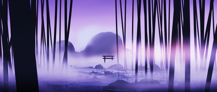 Misty landscape with Torii gate and mountains