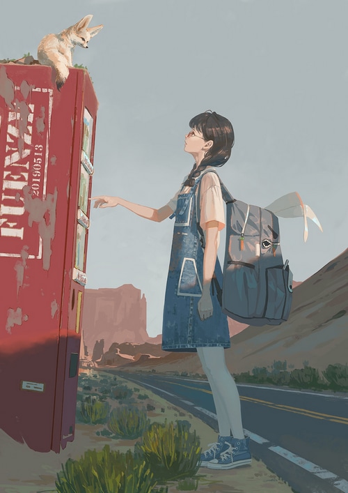 Girl and Fox at a Desert Vending Machine