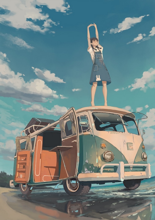 Girl stretching on top of a camper van by the water
