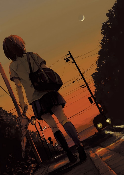 Schoolgirl with umbrella at sunset