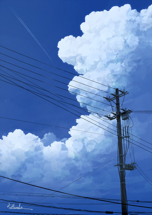 Blue sky with clouds and power lines