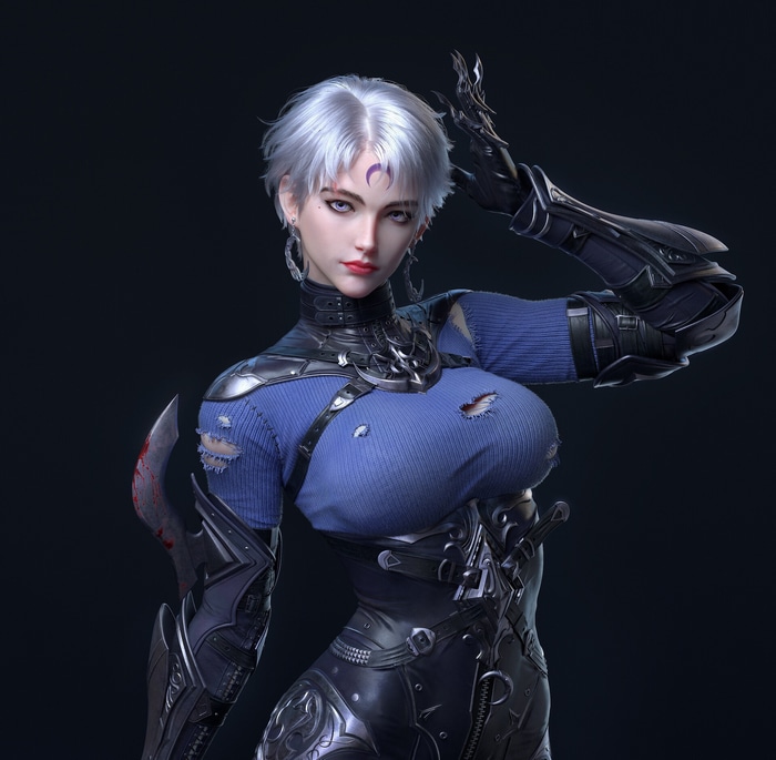 CGI woman with silver hair and torn clothes