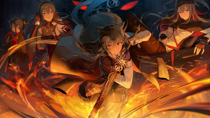 Texas and other characters from Arknights with swords and fire
