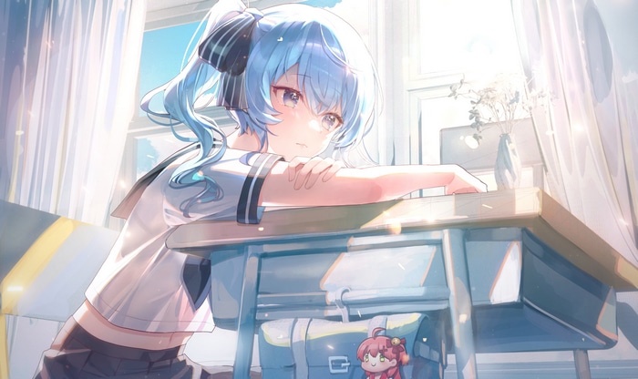 Hoshimachi Suisei and Sakura Miko by the Window
