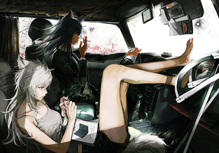 Arknights Lappland and Texas in a car
