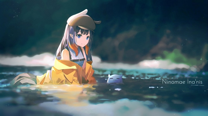 Ninomae Ina'nis and Takodachi in the water