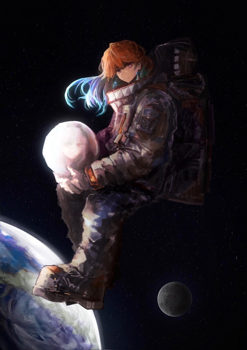 Takanashi Kiara in a spacesuit holding a helmet in space