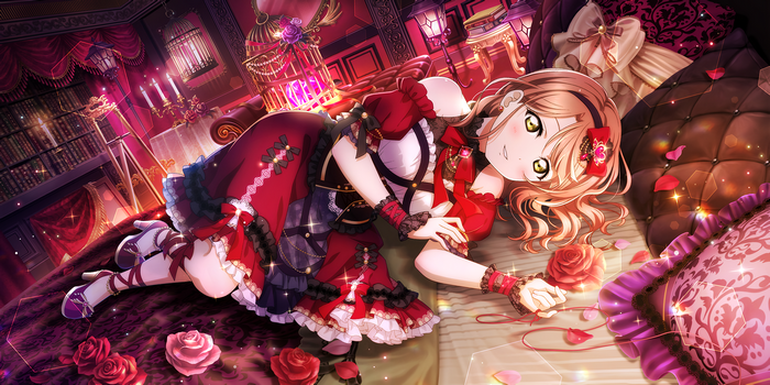 Uehara Ayumu in a red dress on a bed with roses