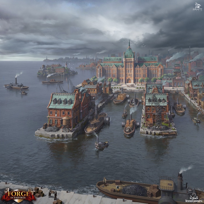 Forge of Empires Industrial Port City with Boats and Buildings
