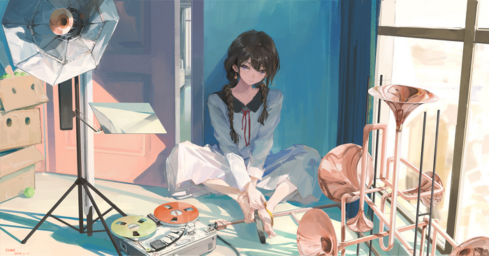 Girl with braids and musical instruments by the window
