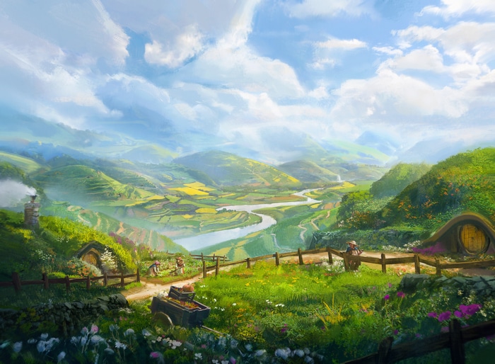 Hobbiton landscape with rolling hills and a river