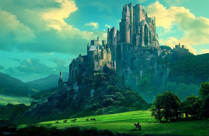 Fantasy castle on a mountain with horses and a knight