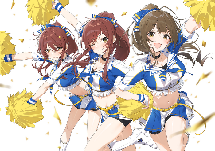 Three cheerleaders with yellow pom-poms and confetti