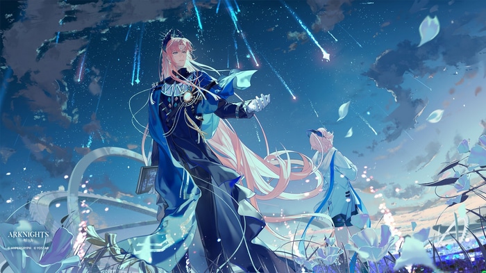 Arknights characters under a starry sky