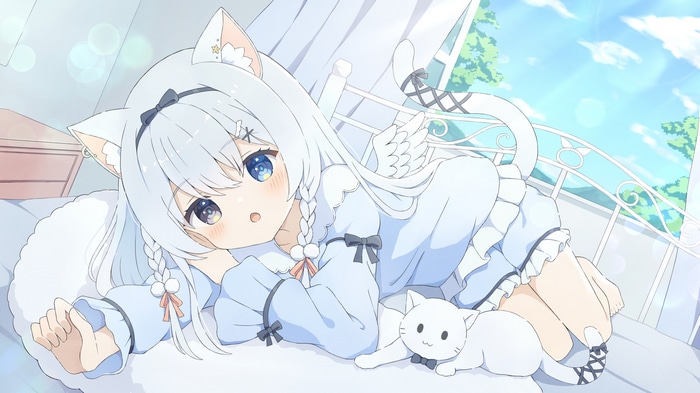 Cat girl with wings and a cat lying on a bed