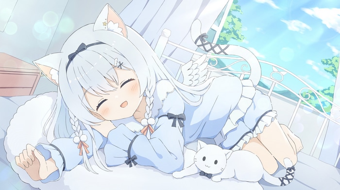 Cat girl sleeping with a white cat on a bed