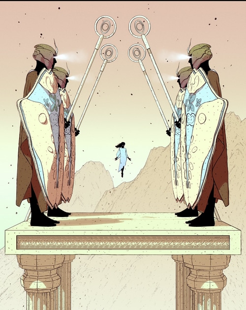 Daniel Taylor's sci-fi scene with armored figures and a floating woman