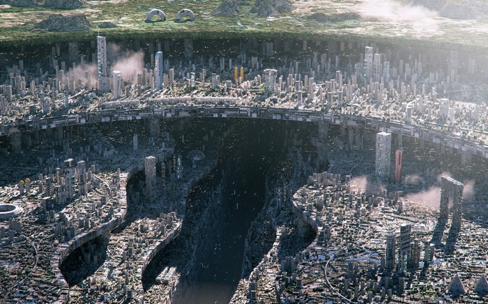 Futuristic city in a massive crater