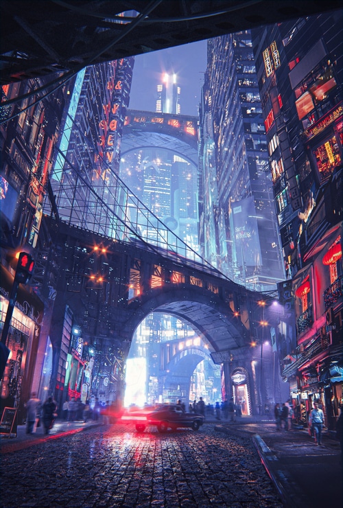 Futuristic city with bridges and neon lights