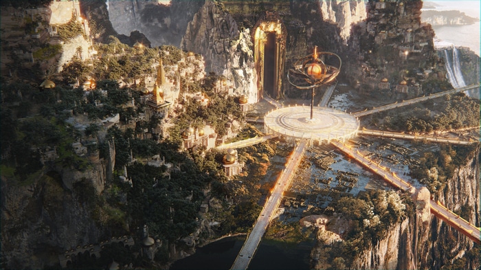 Fantasy city built on cliffs with bridges and waterfalls