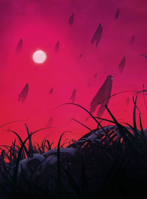 Creepy creatures in a pink sky over a skeleton