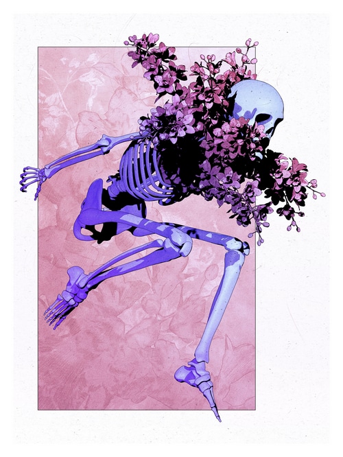 Skeleton with purple flowers by Daniel Taylor