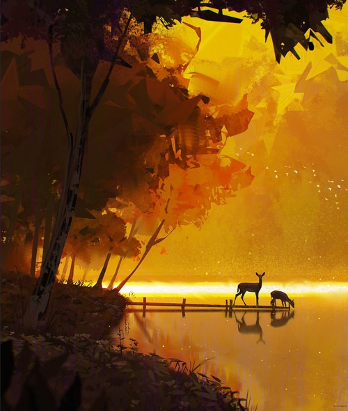 Deer drinking water at sunset by Jocelin Carmes