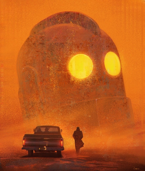 The Iron Giant and a man in a dusty landscape