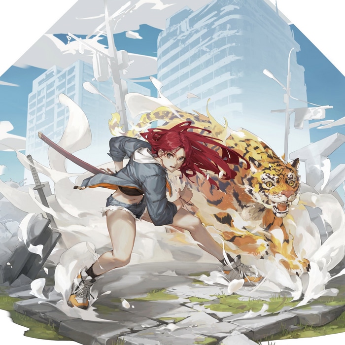 Girl with red hair and tiger in urban ruins