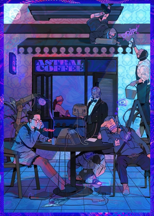 Astral Coffee Cyberpunk Scene with Robots and People
