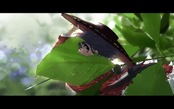 Girl with red eyes and hat hiding behind leaves