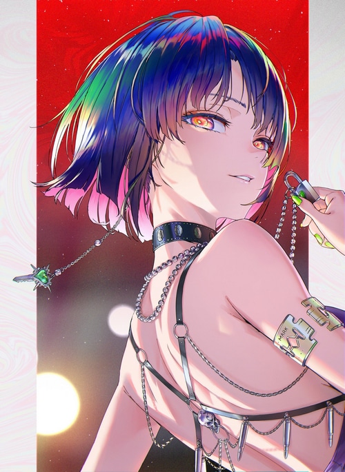 Digital Art Arata Yokoyama Back Looking Back Multi Colored Eyes Choker Multi Colored Hair