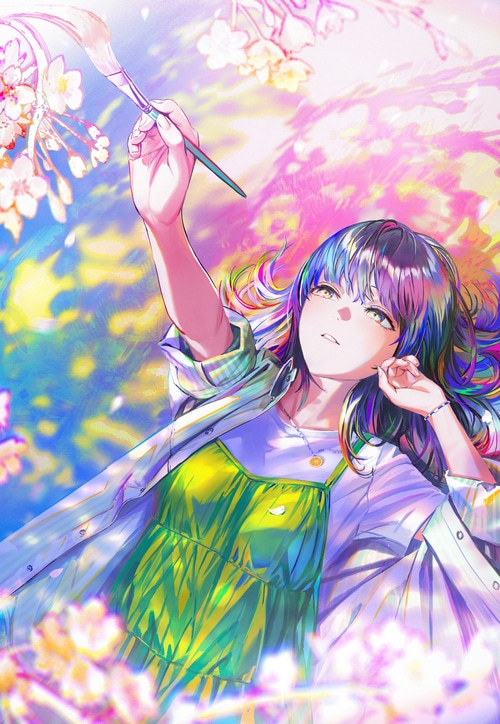 Artwork of a woman with multi-colored hair painting