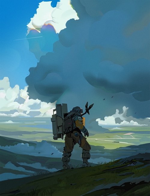 Fan art of a character from Death Stranding in a landscape
