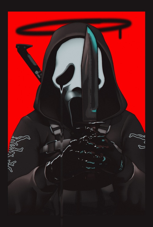Scream mask killer with knife and red background