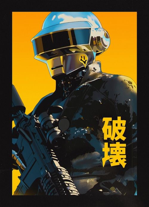 Daft Punk robot with gun and yellow background